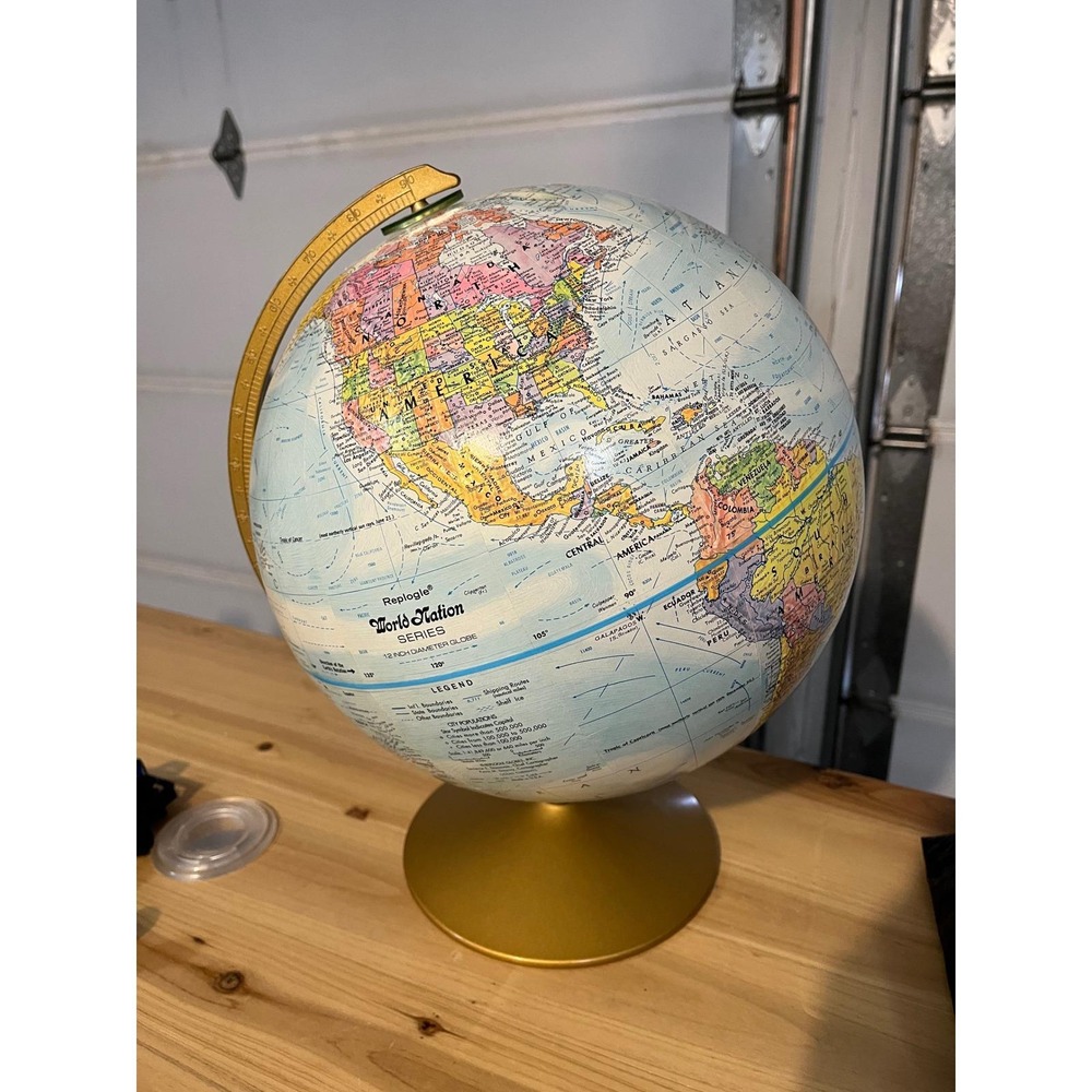 Vintage Replogle World Nation Series 12 Diameter Globe Gold‎ Metal Base Made USA